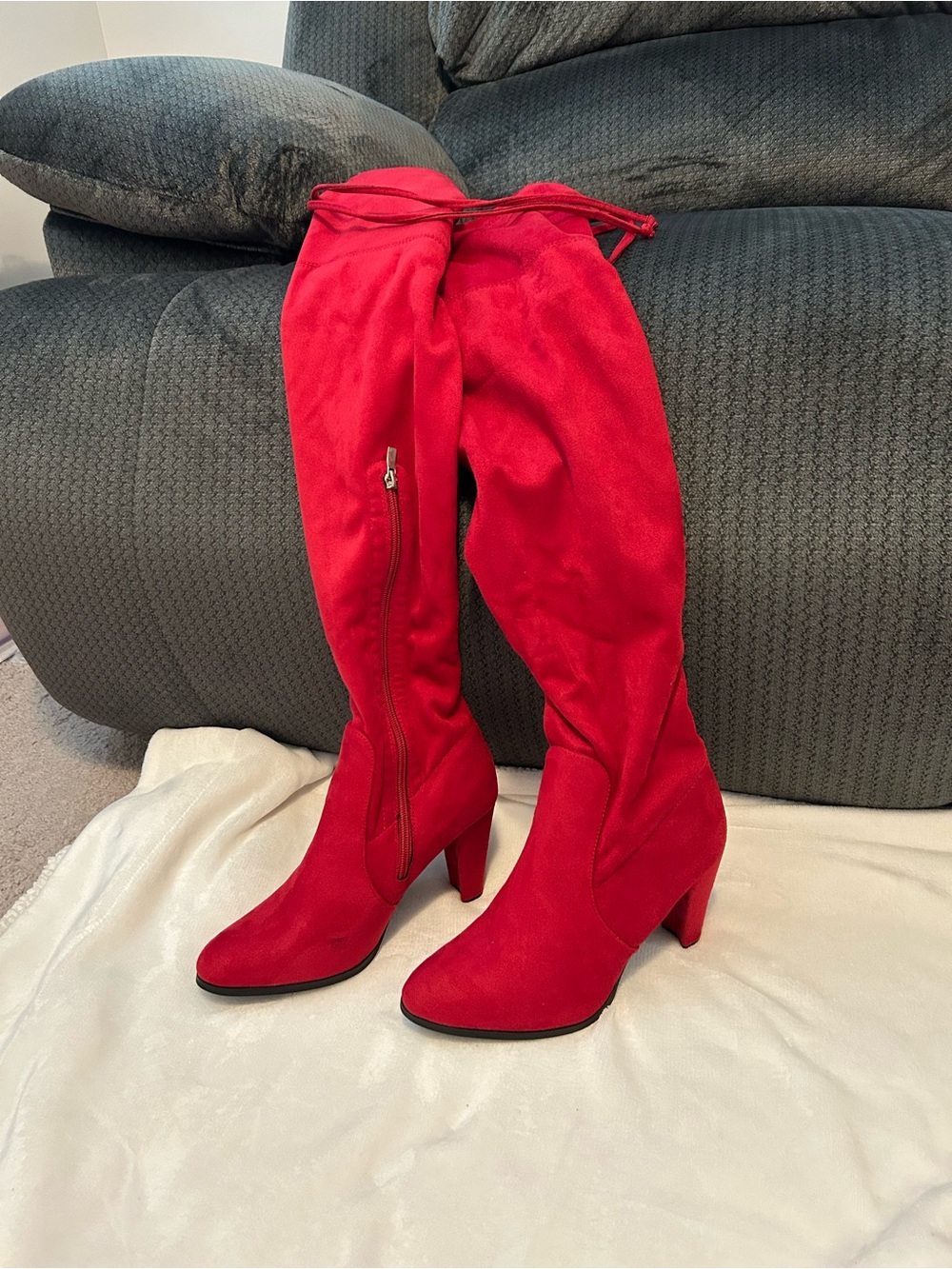 Red Over-the-Knee Suede Block Heel Boots